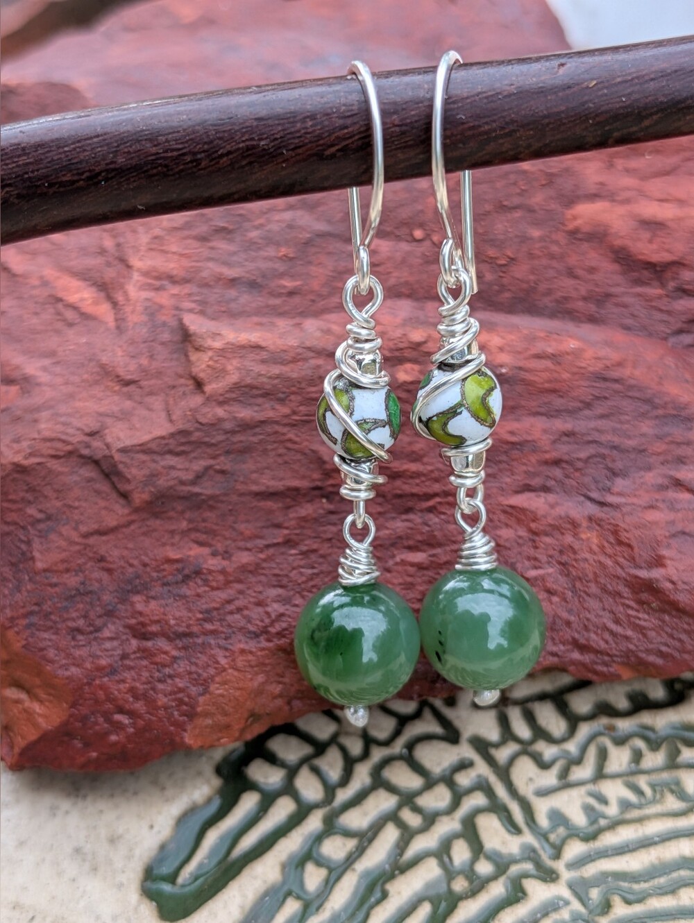 Artisan Jade Earrings-Natural Gemstone and Vintage Cloisonne In Sterling Silver - Picture 14 of 14